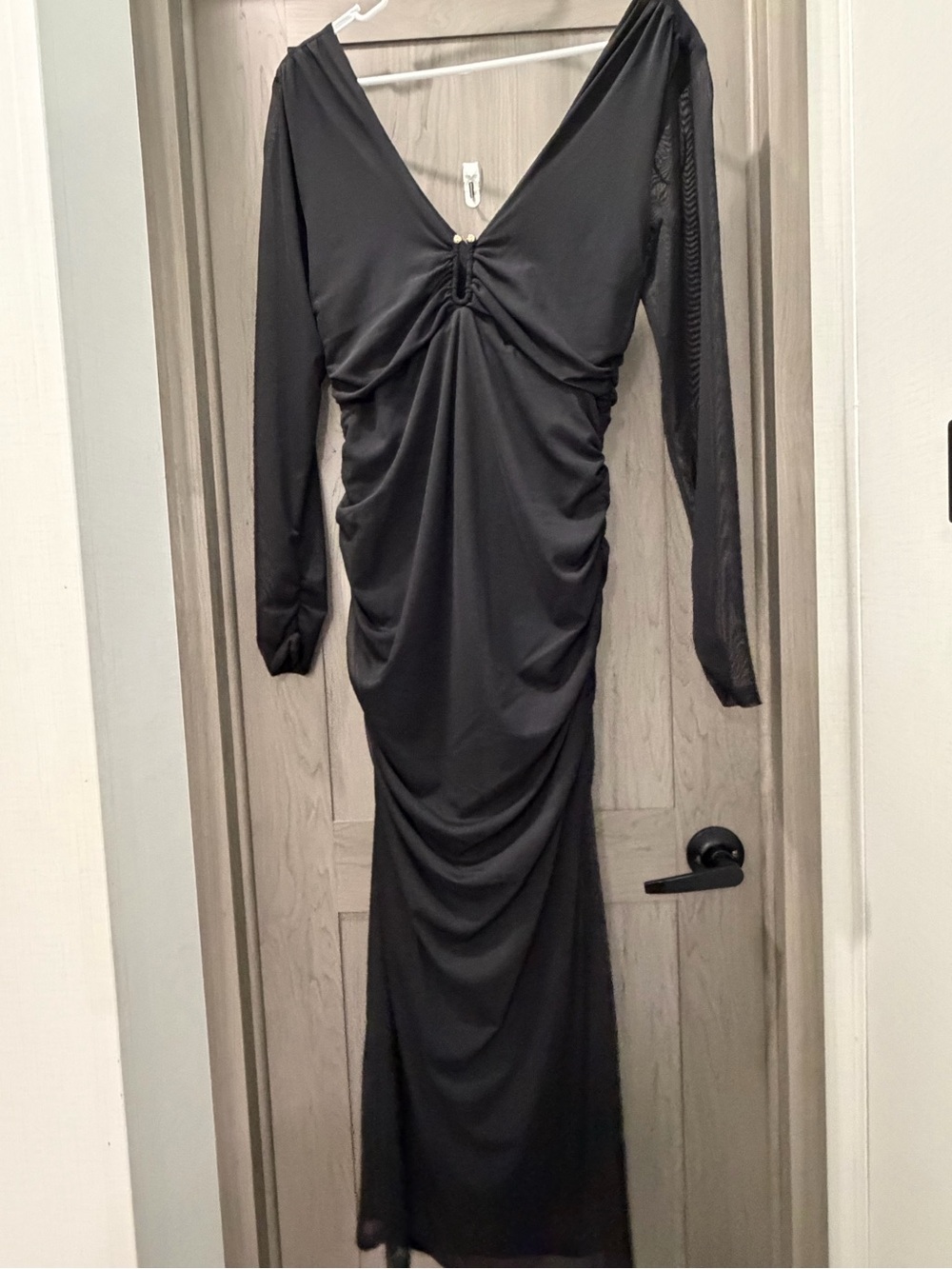 Anthropologie Black V-Neck Ruched Long-Sleeve Midi Dress